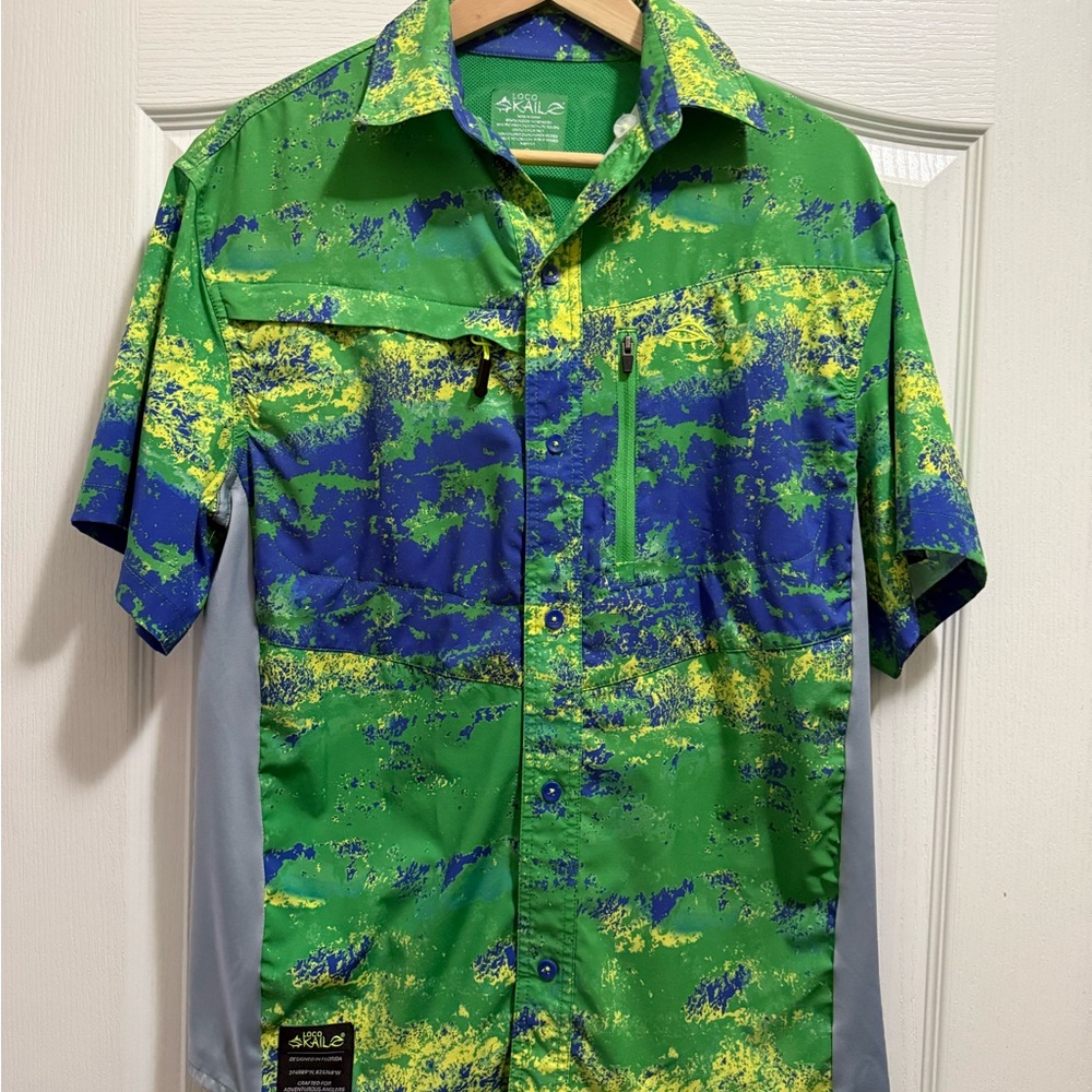 Loco Kail Green and Blue Casual Button Down Fishing Shirt